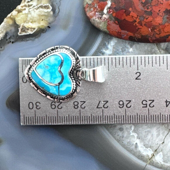 Native American Sterling Blue Ridge Turquoise Decorated Double Heart Pendant - Picture 10 of 10